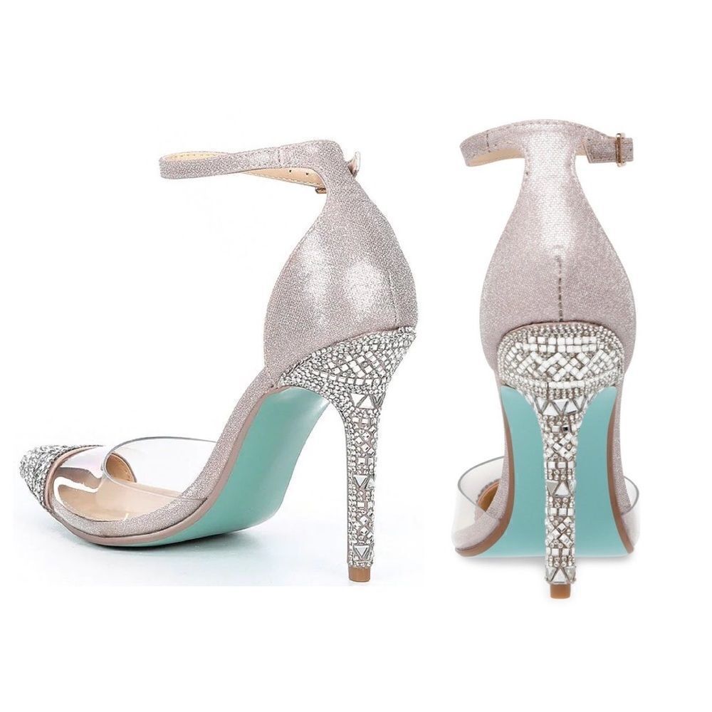 𝅺blue by Betsey Johnson Ginger Clear Metallic Rhinestone Ankle Strap Pumps